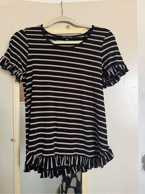 Cable & Gauge Black and White Striped Ruffle Sleeve Tee